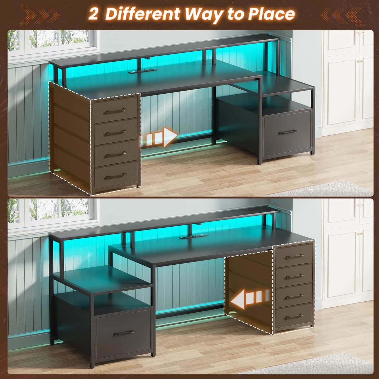 66 inches LED Gaming Desk with Monitor Shelf Black