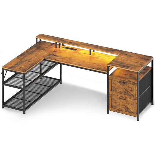67 Inches Reversible LED Gaming Desk Brown