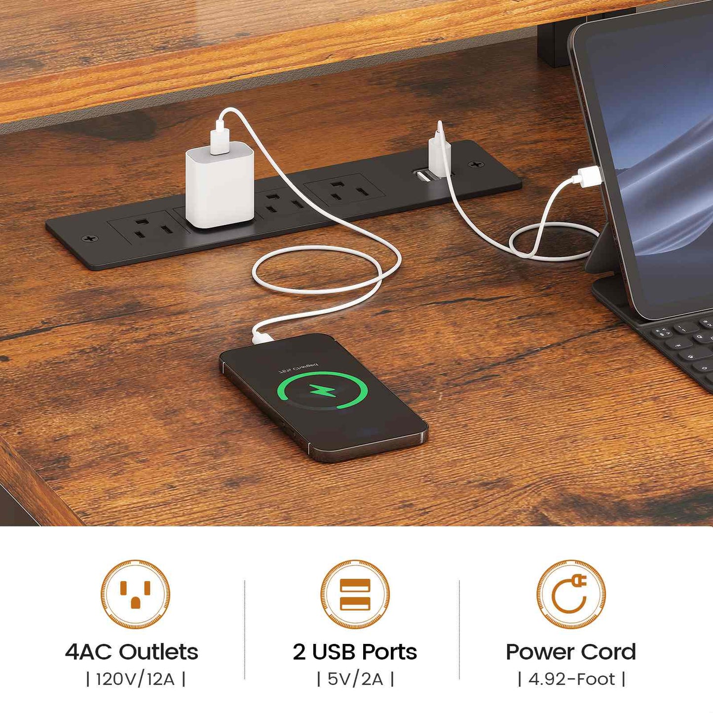 75 Inches Led Gaming Desk with Power Outlet and Monitor Shelf Brown