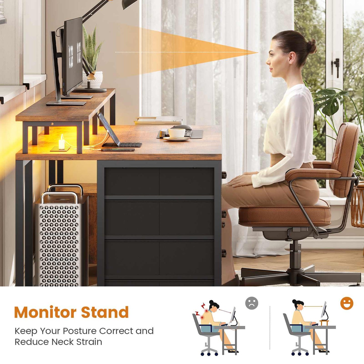 75 Inches Led Gaming Desk with Power Outlet and Monitor Shelf Brown