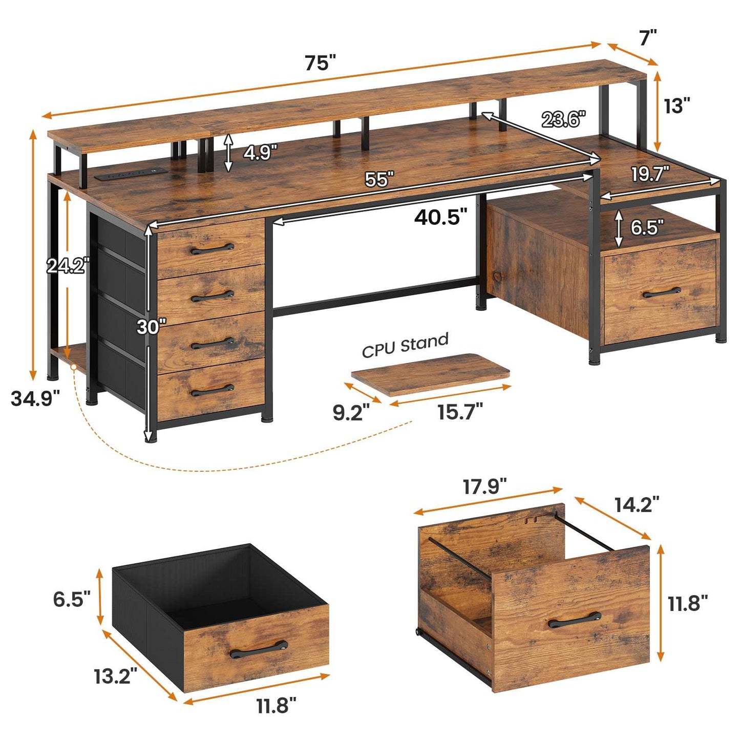 75 Inches Led Gaming Desk with Power Outlet and Monitor Shelf Brown