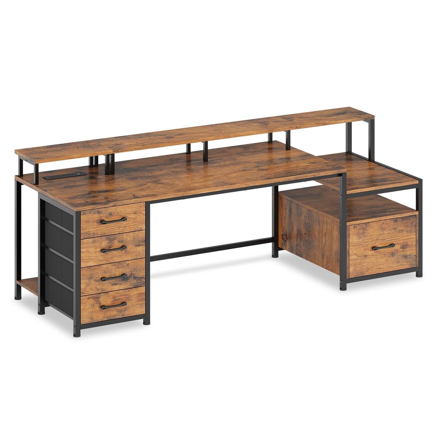 75 Inches Led Gaming Desk with Power Outlet and Monitor Shelf Brown