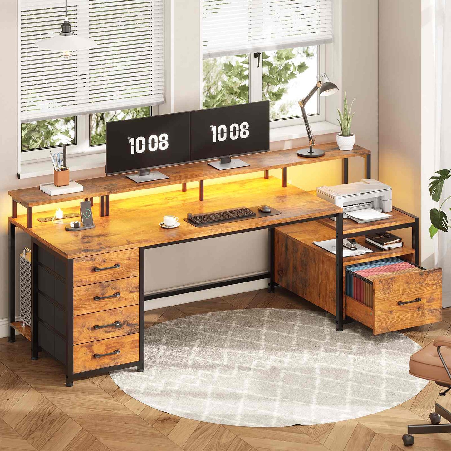75 Inches Led Gaming Desk with Power Outlet and Monitor Shelf Brown