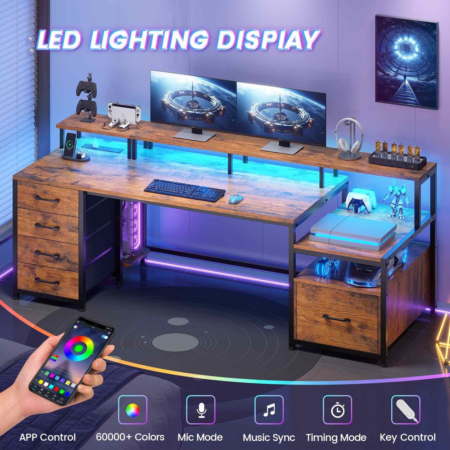 75 Inches Led Gaming Desk with Power Outlet and Monitor Shelf Brown