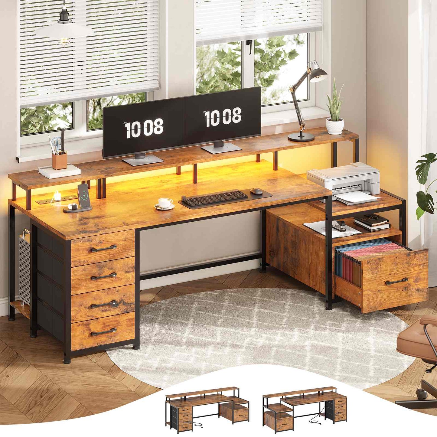 75 Inches Led Gaming Desk with Power Outlet and Monitor Shelf Brown