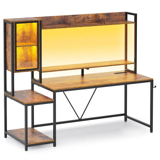 60 Inches LED Gaming Desk With Power Outlet Brown