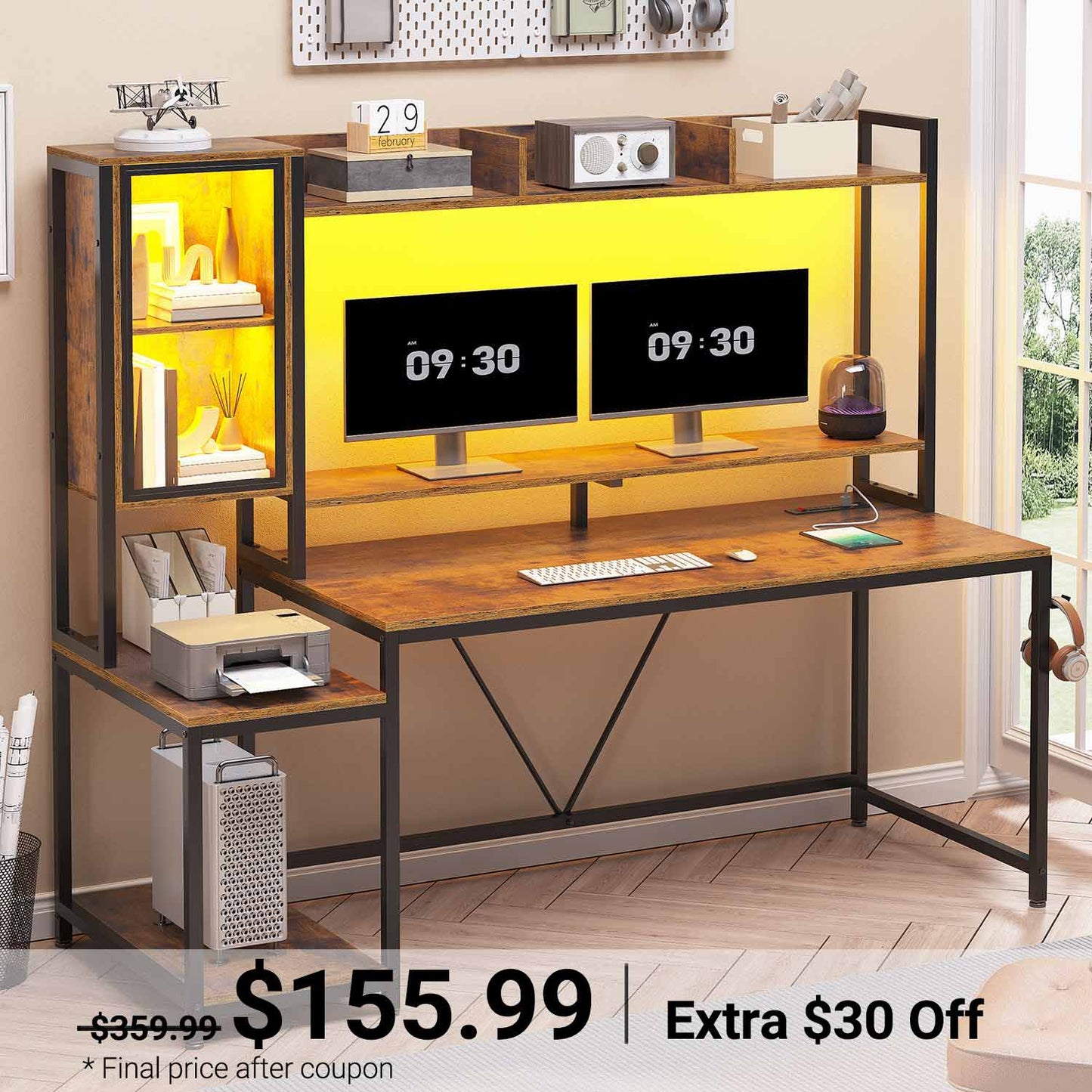 60 Inches LED Gaming Desk With Power Outlet Brown