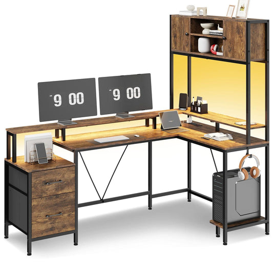 Reversible L-Shaped LED Gaming Desk Brown