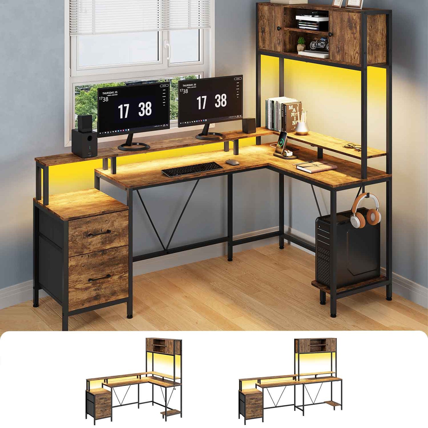 Reversible L-Shaped LED Gaming Desk Brown