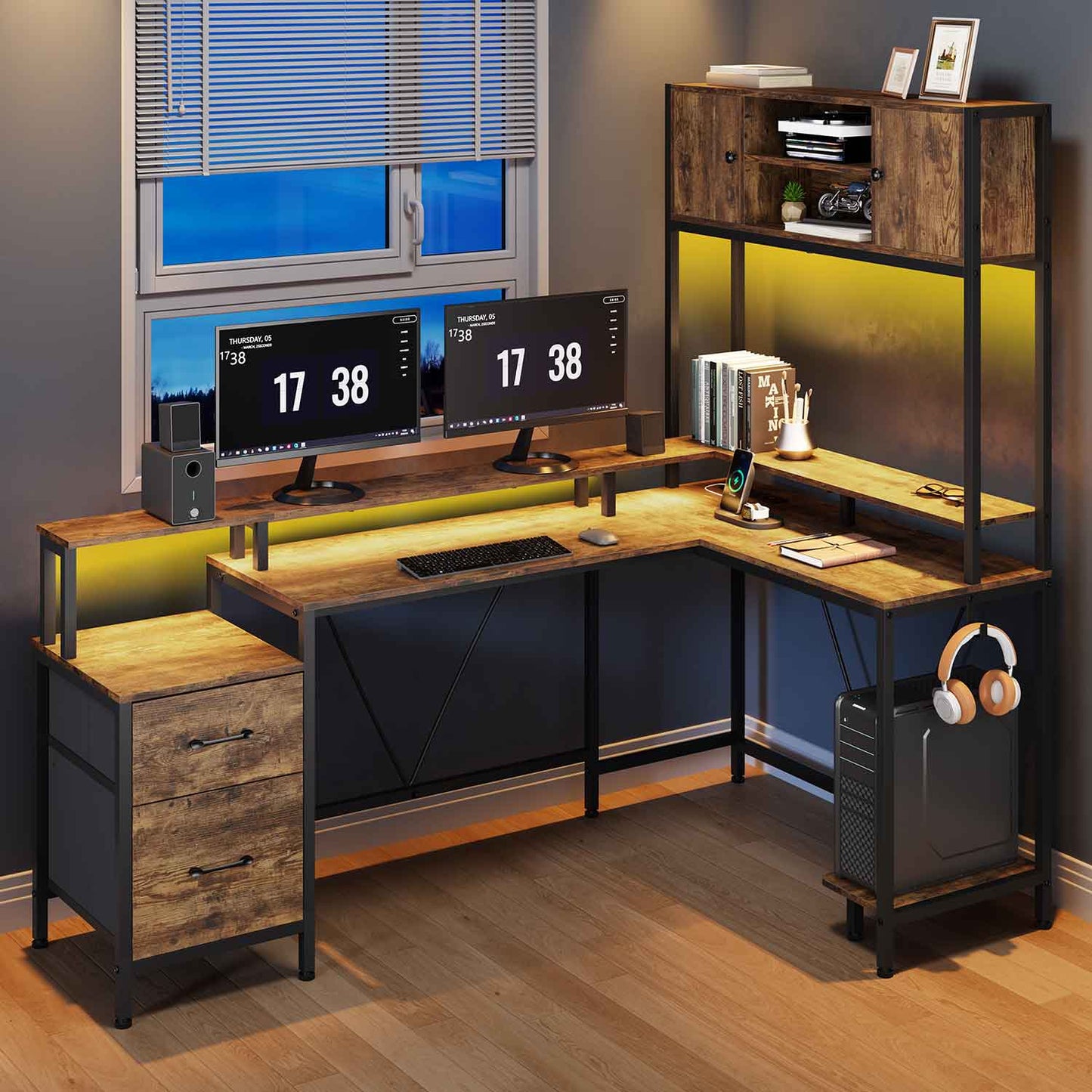 Reversible L-Shaped LED Gaming Desk Brown