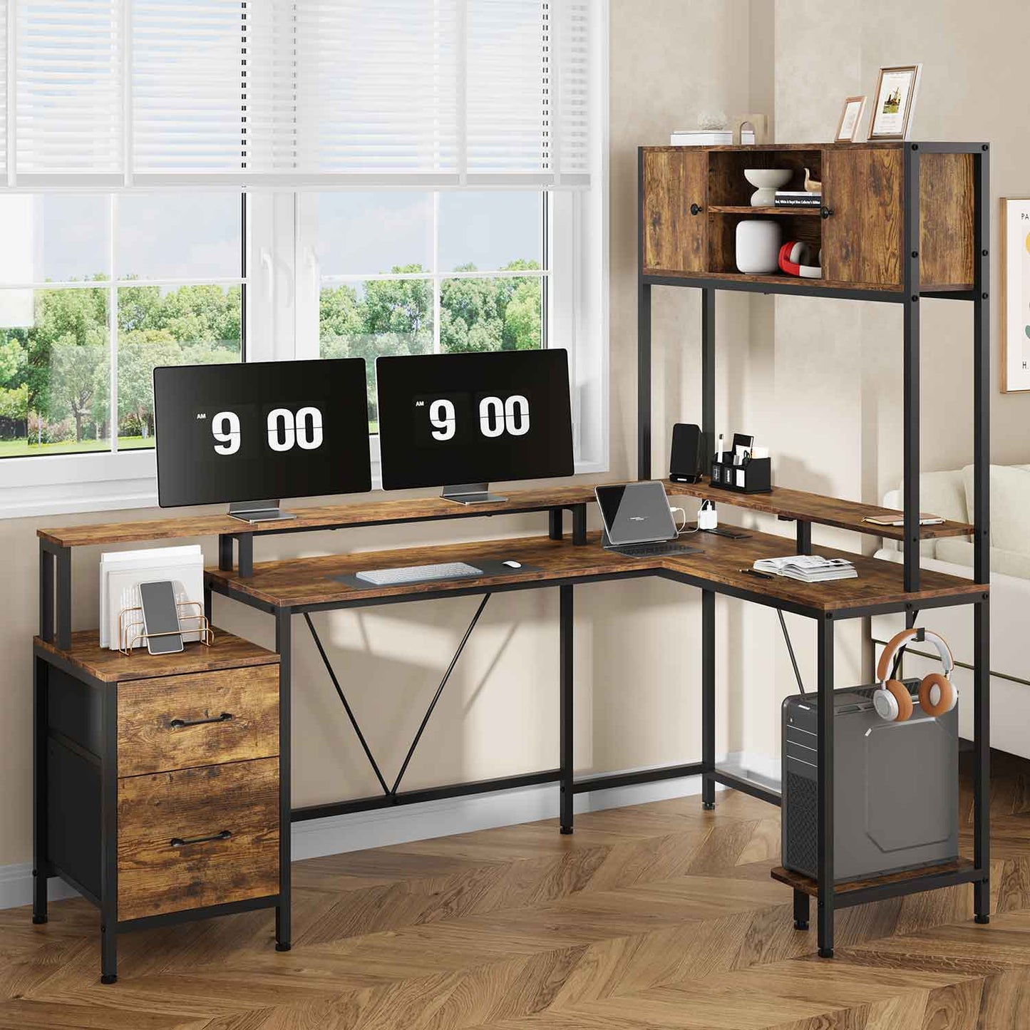 Reversible L-Shaped LED Gaming Desk Brown