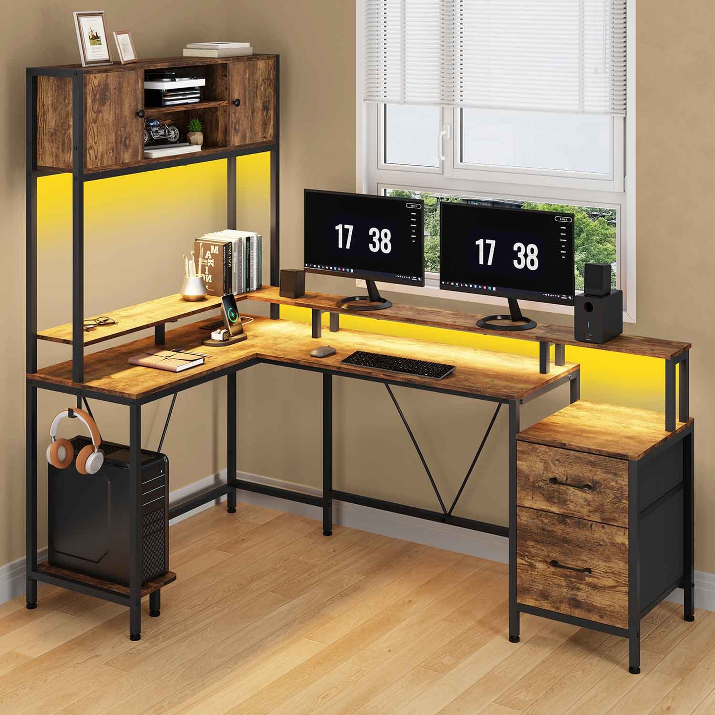 Reversible L-Shaped LED Gaming Desk Brown