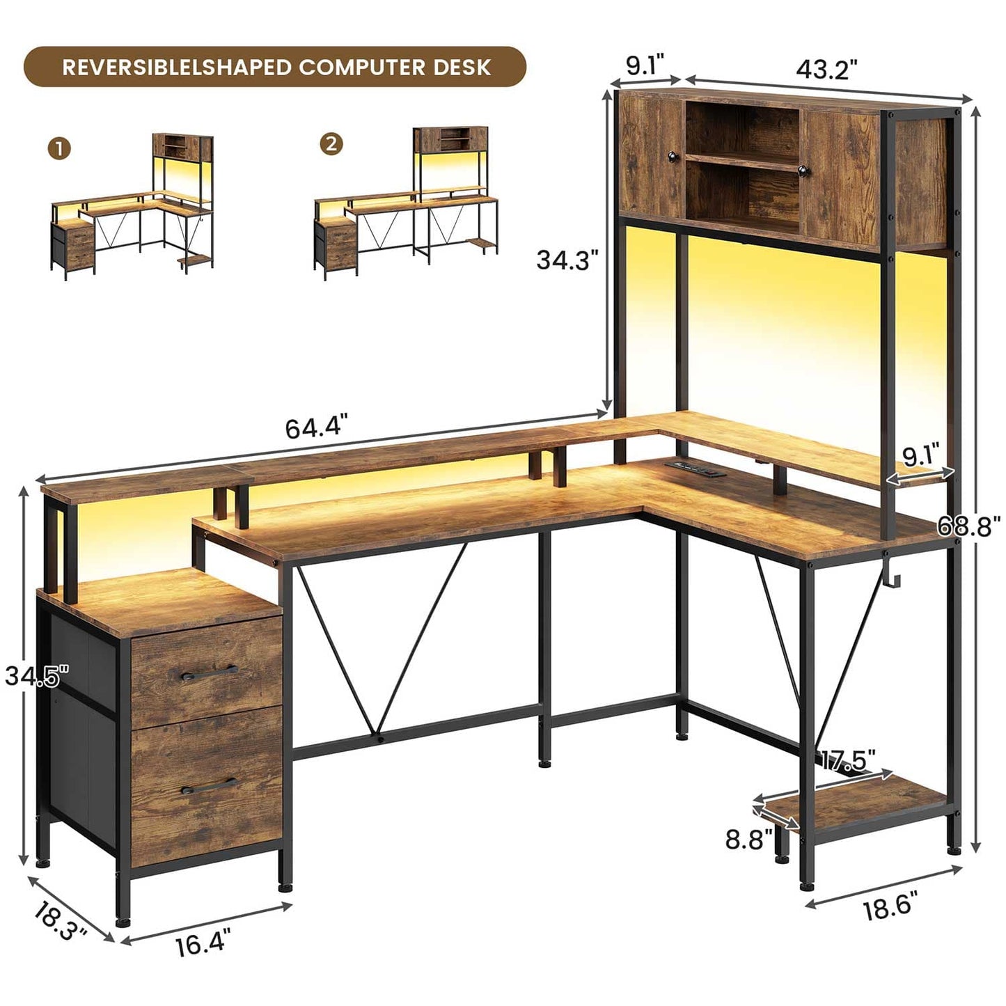 Reversible L-Shaped LED Gaming Desk Brown