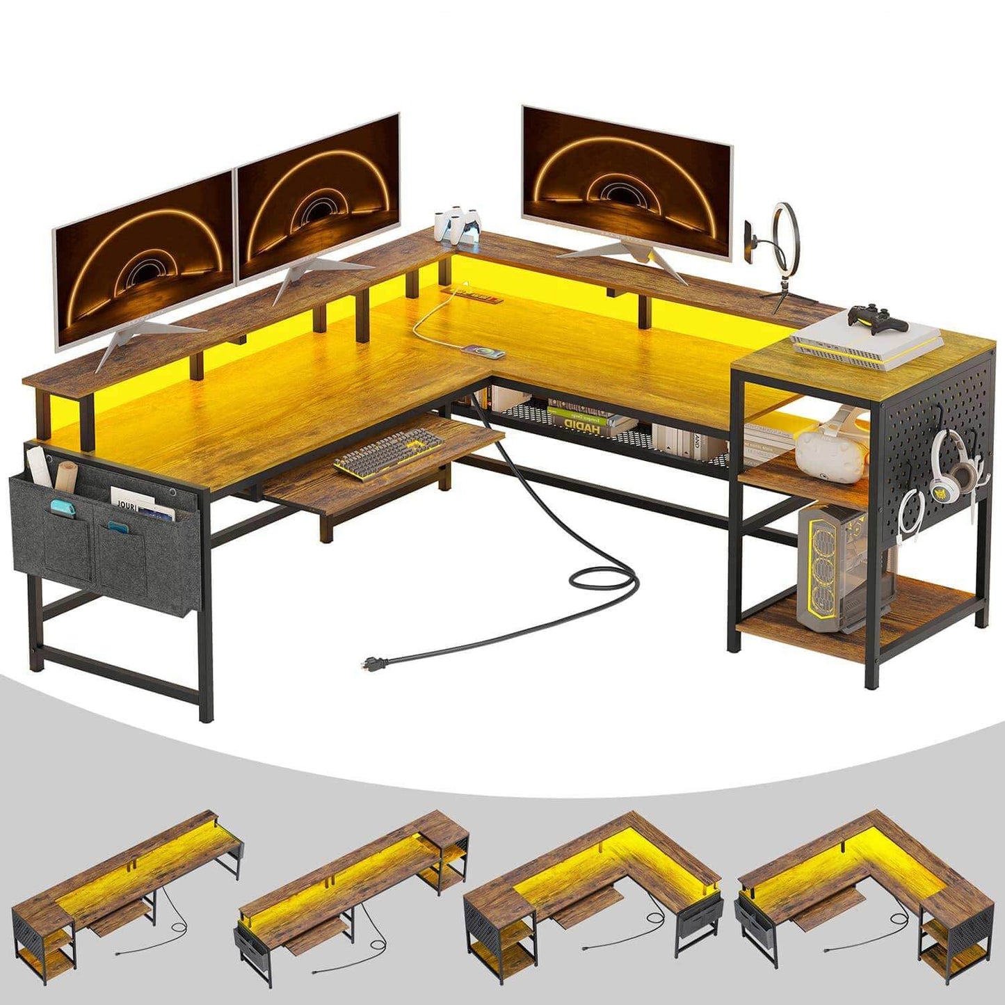 96 Inches L Shaped Reversible LED Gaming Desk Brown