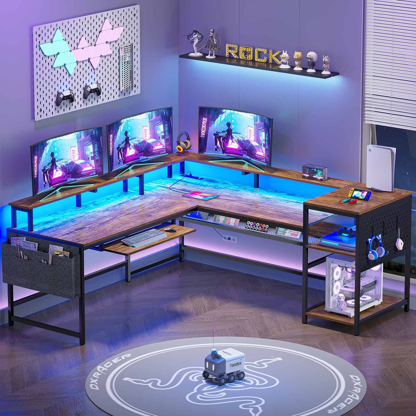 96 Inches L Shaped Reversible LED Gaming Desk Brown