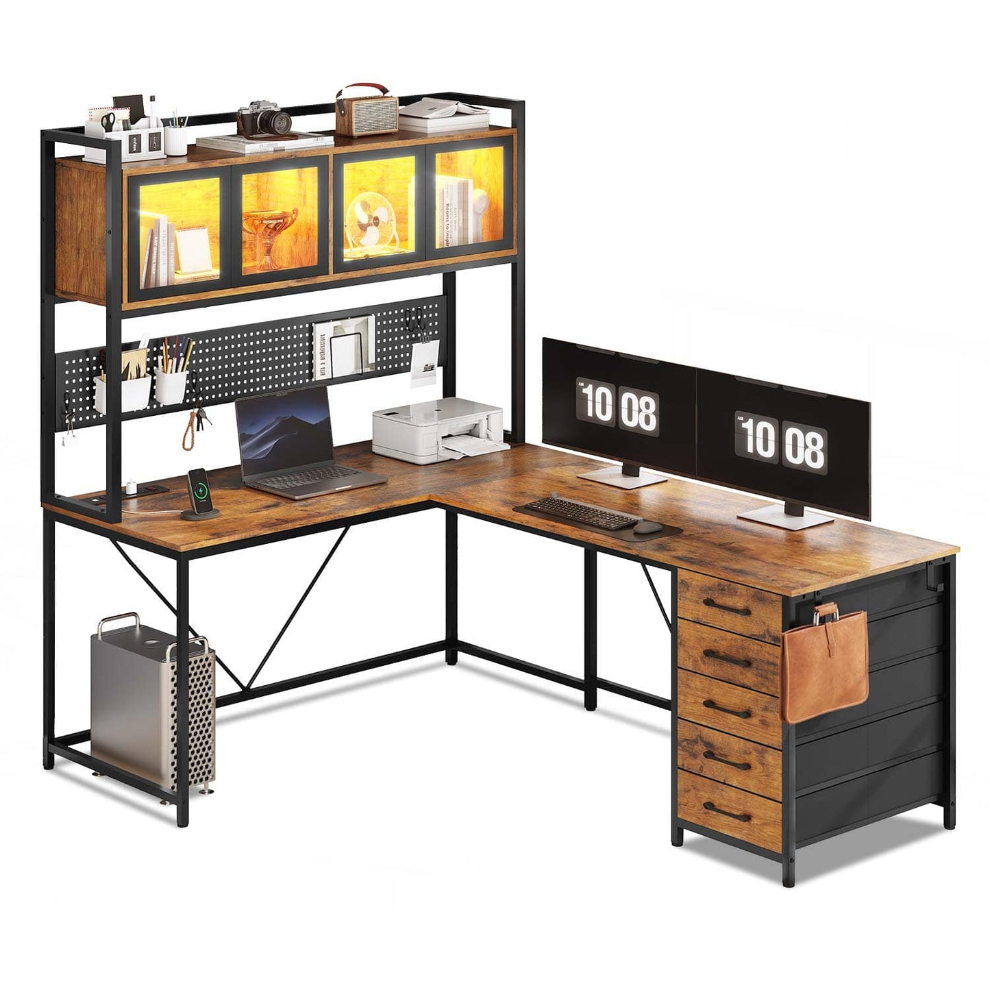 62 Inches LED Reversible L Shaped Gaming Desk Brown