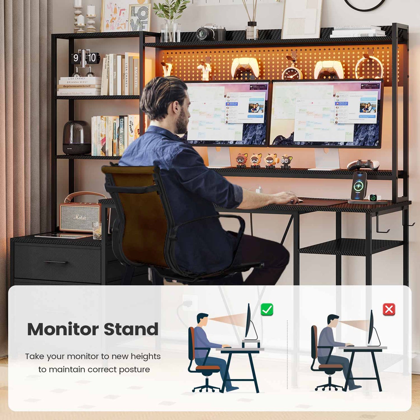 65 Inches Reversible LED Gaming Desk Black