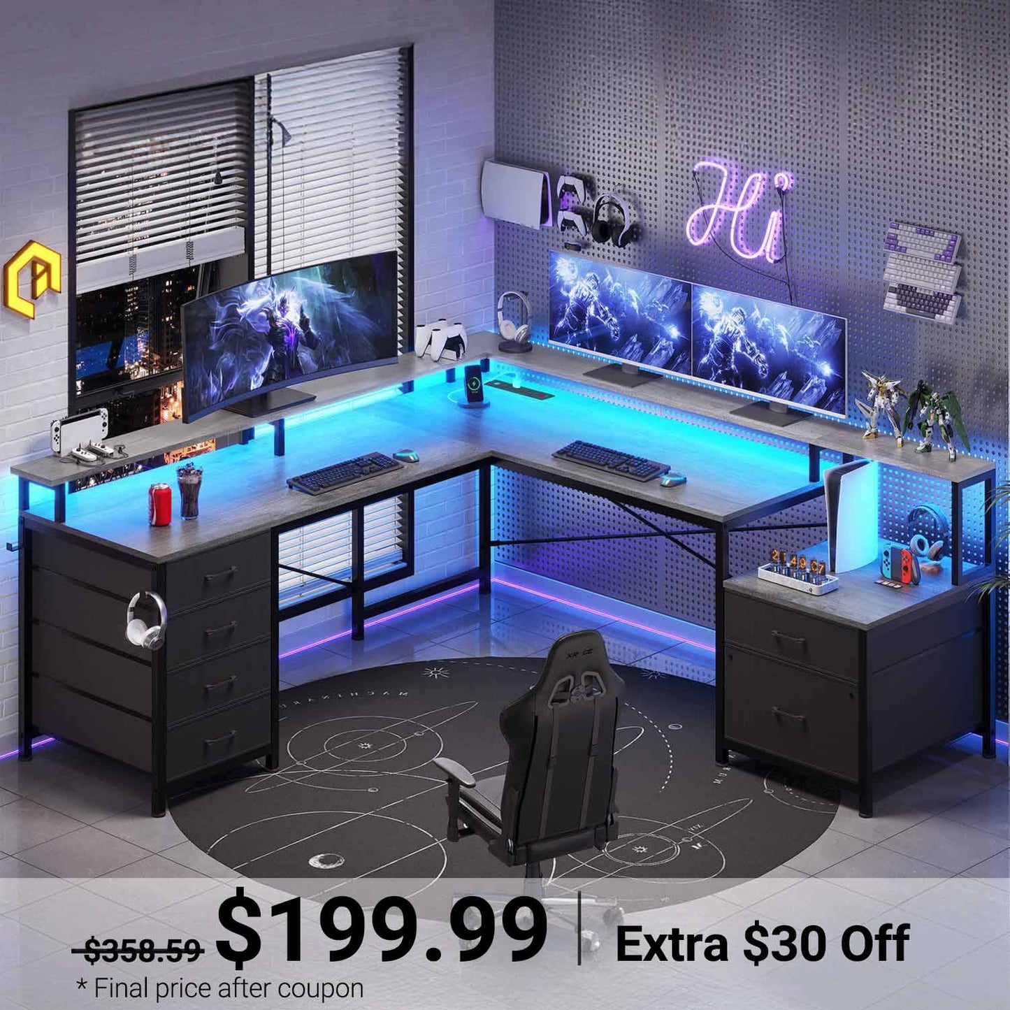 108 Inches  LED 2 Person Gaming Desk Grey