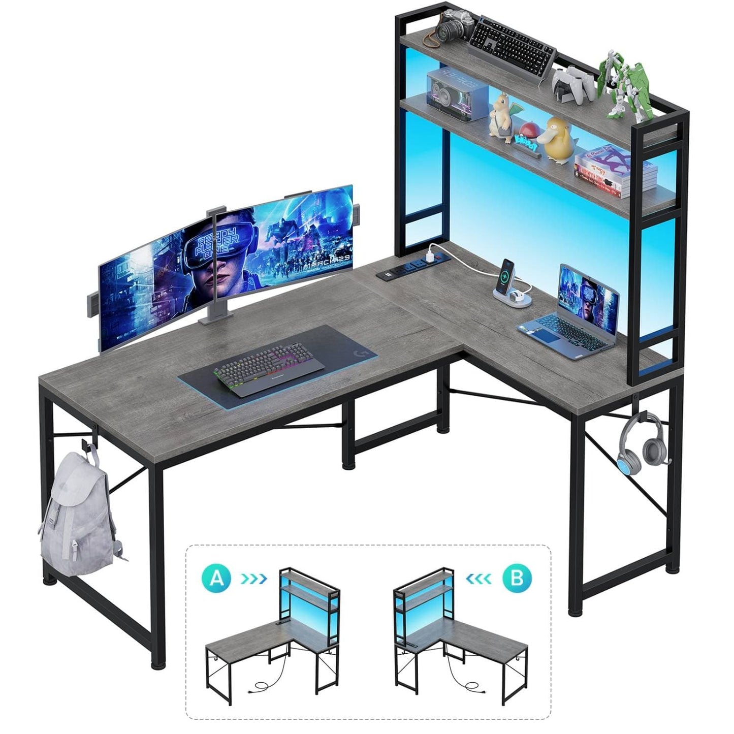 45.3 Inches LED Reversible Gaming Desk Grey