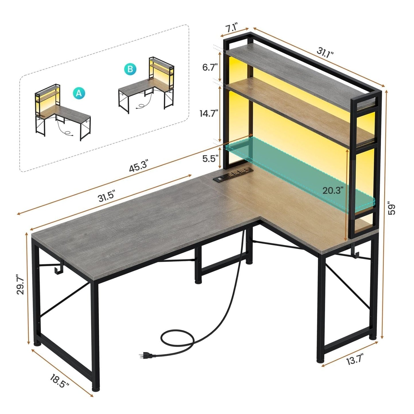 45.3 Inches LED Reversible Gaming Desk Grey