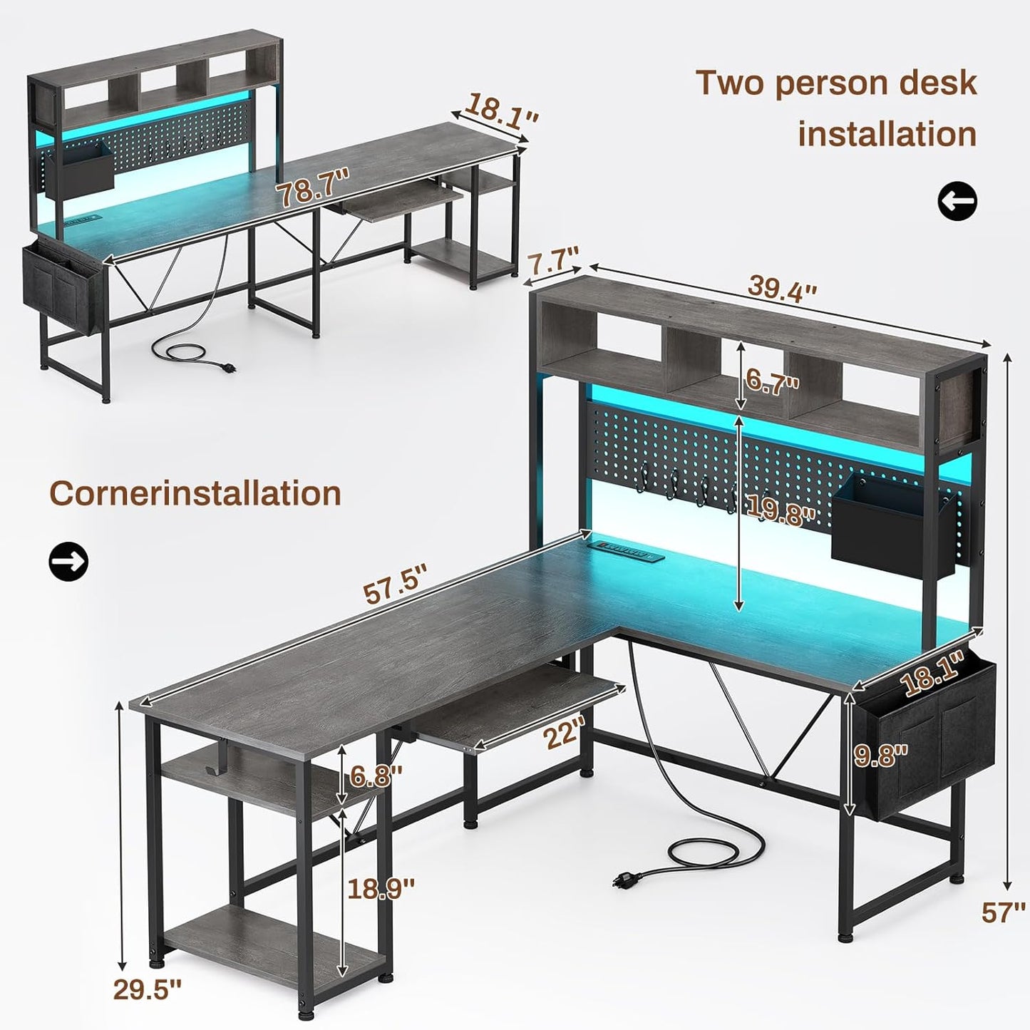 57.5 Inches Reversible L Shaped LED Gaming Desk with Power Outlet Grey