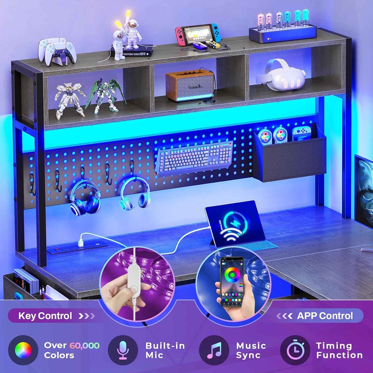 57.5 Inches Reversible L Shaped LED Gaming Desk with Power Outlet Grey