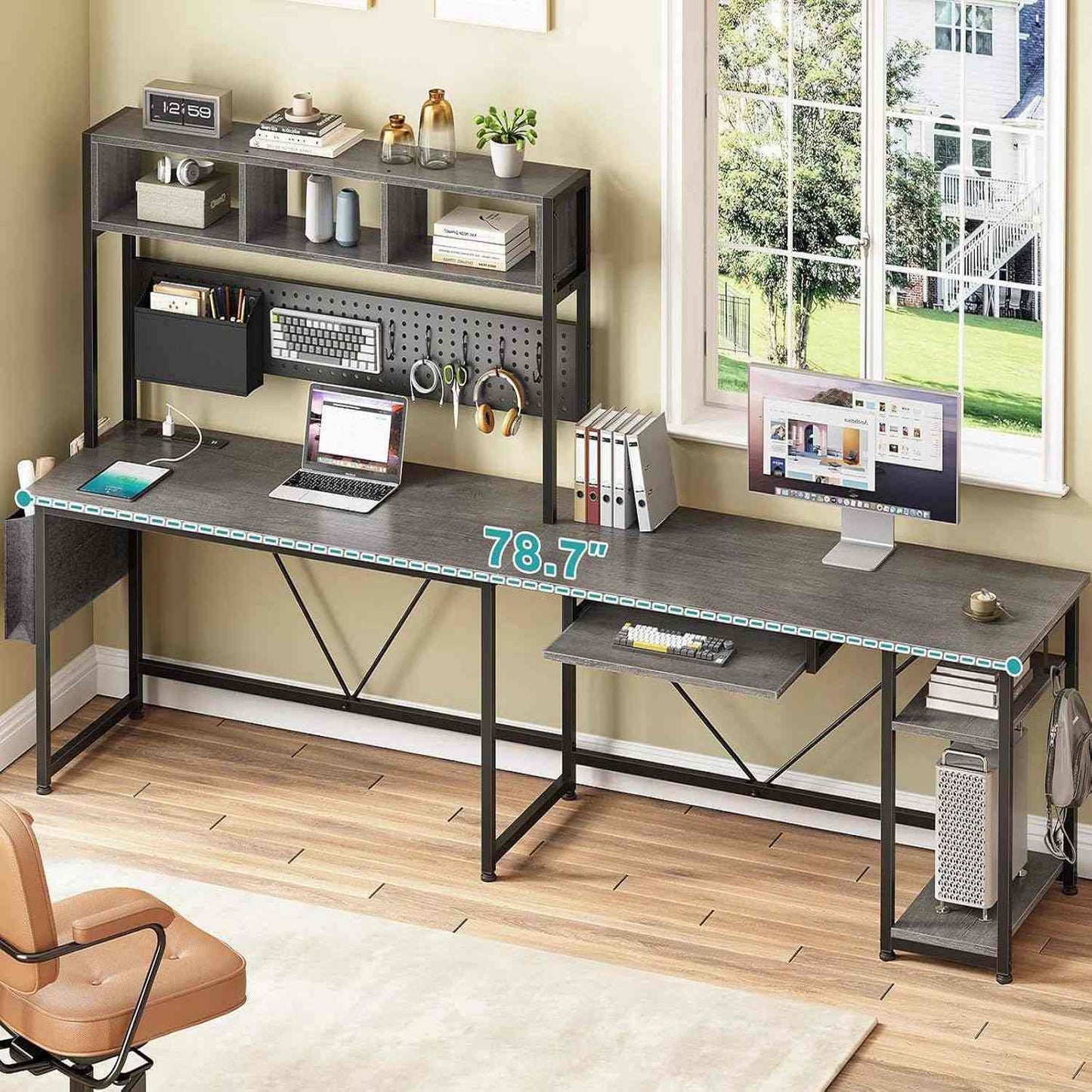 57.5 Inches Reversible L Shaped LED Gaming Desk with Power Outlet Grey