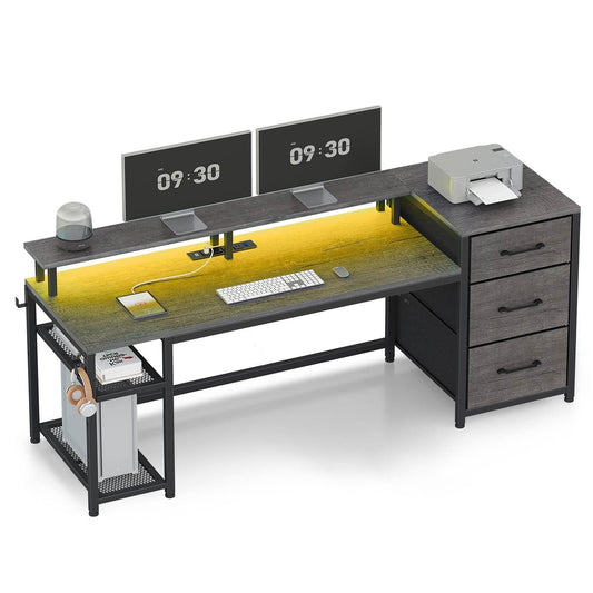 59 Inches Reversible LED Gaming Desk with File Drawers Grey