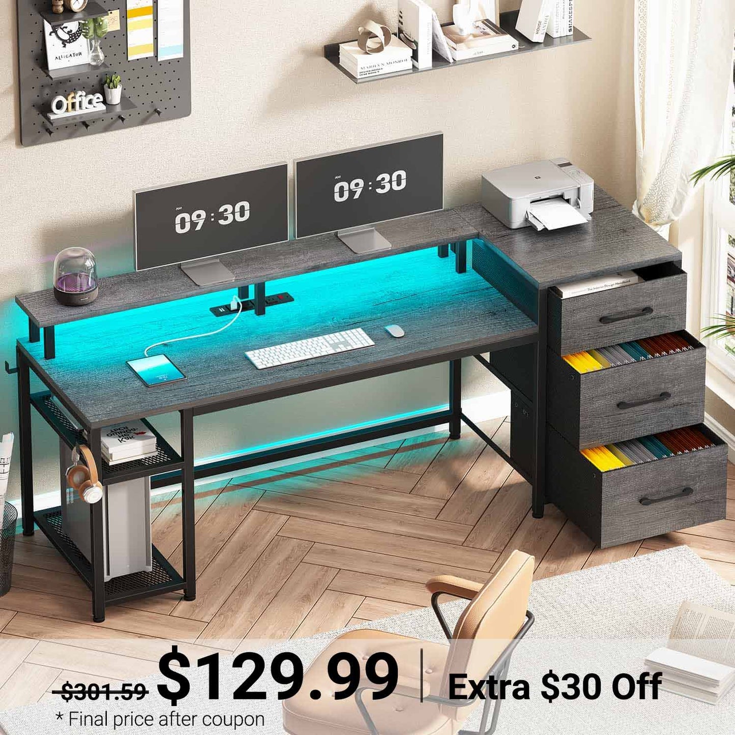 59 Inches Reversible LED Gaming Desk with File Drawers Grey
