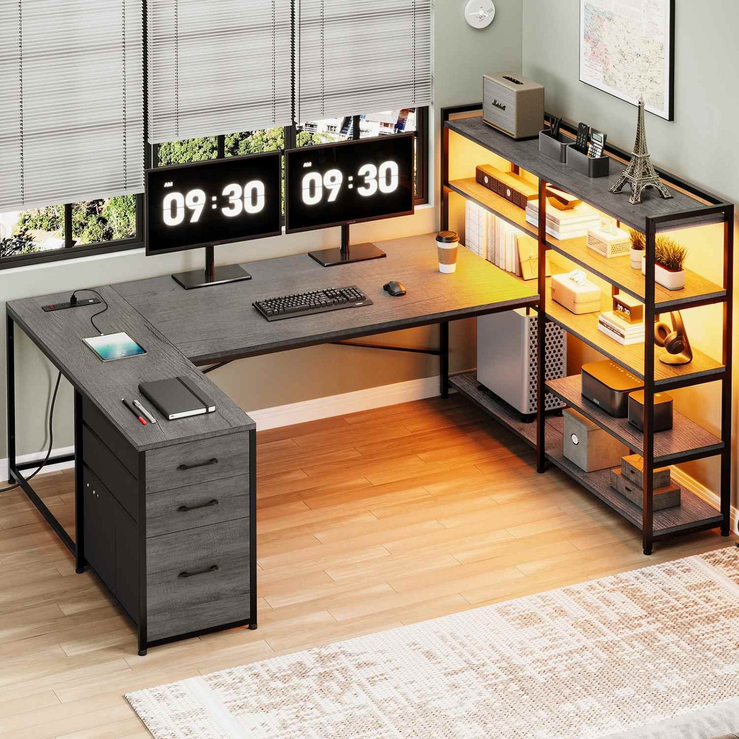 64.5 Inches Reversible U Shaped LED Gaming Desk Grey