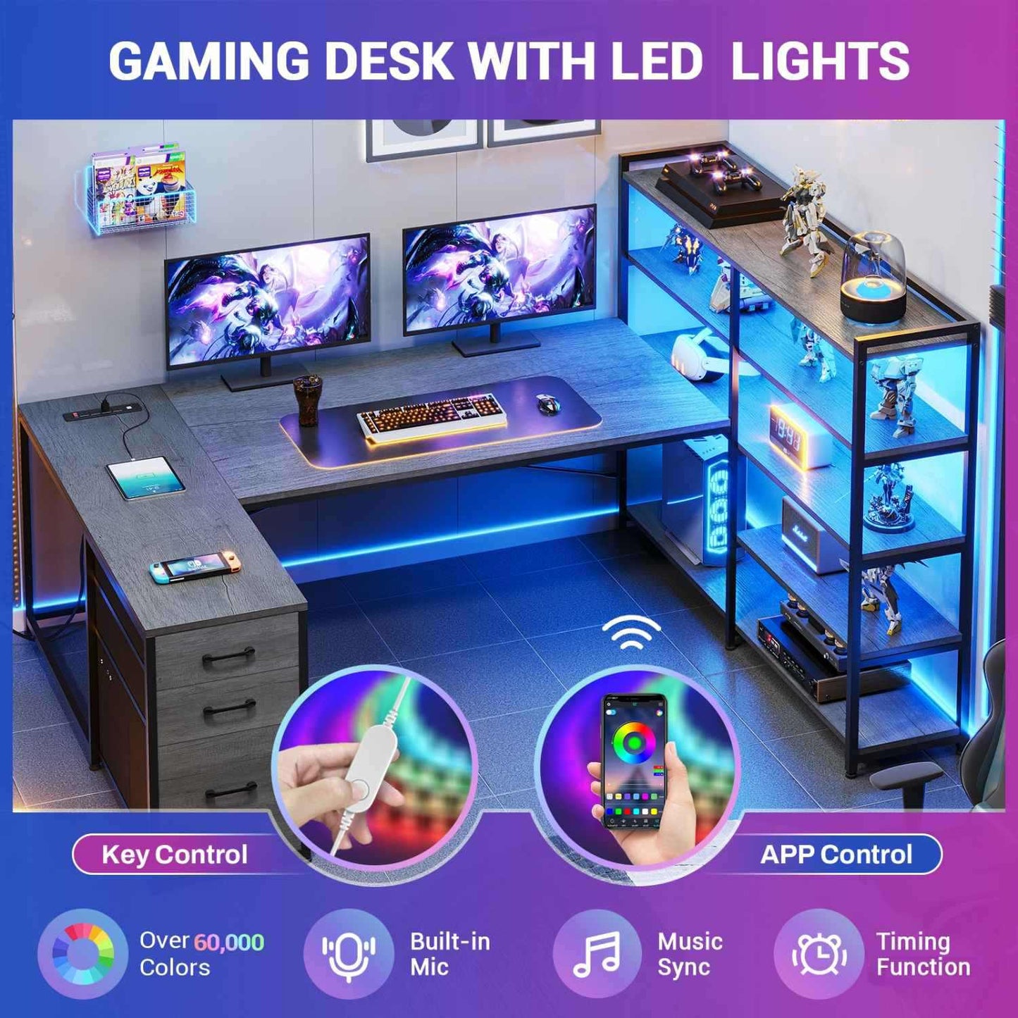 64.5 Inches Reversible U Shaped LED Gaming Desk Grey