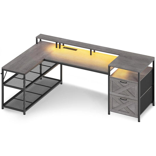67 Inches Reversible LED Gaming Desk Grey