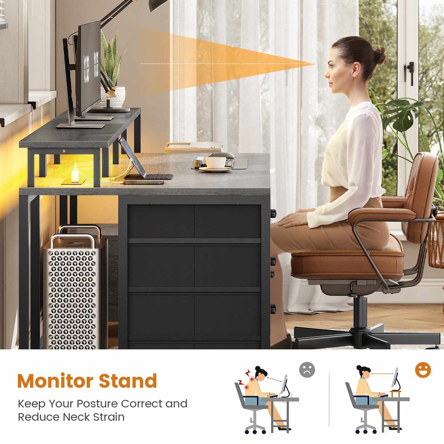 75 Inches Led Gaming Desk with Power Outlet and Monitor Shelf Grey