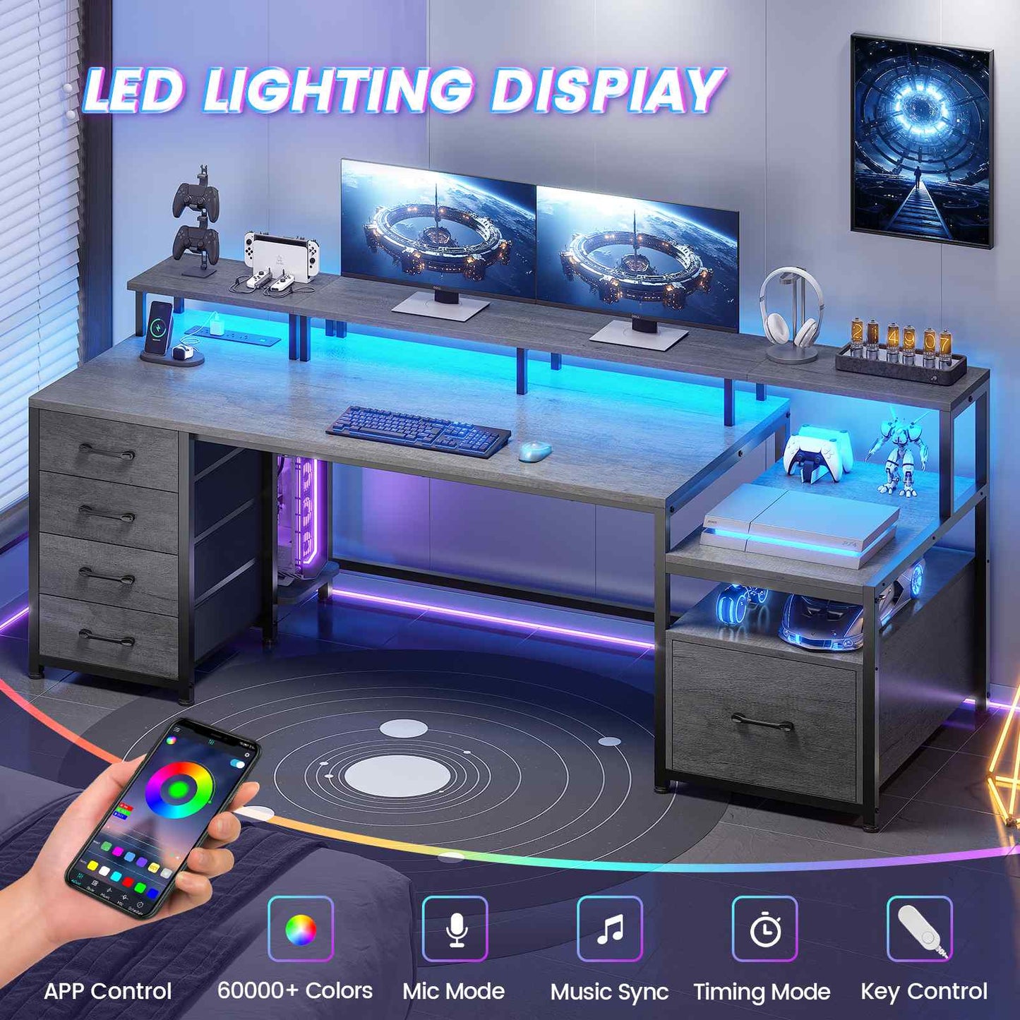 75 Inches Led Gaming Desk with Power Outlet and Monitor Shelf Grey