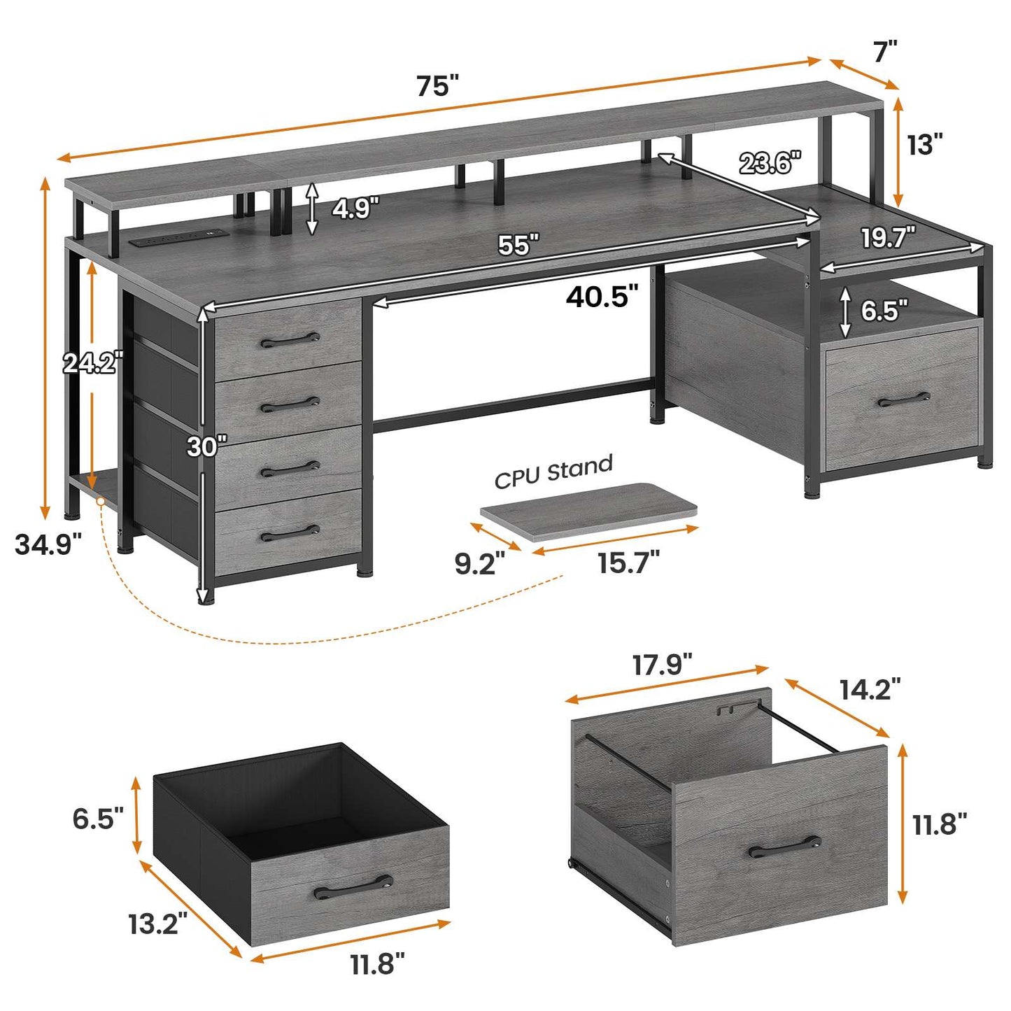 75 Inches Led Gaming Desk with Power Outlet and Monitor Shelf Grey