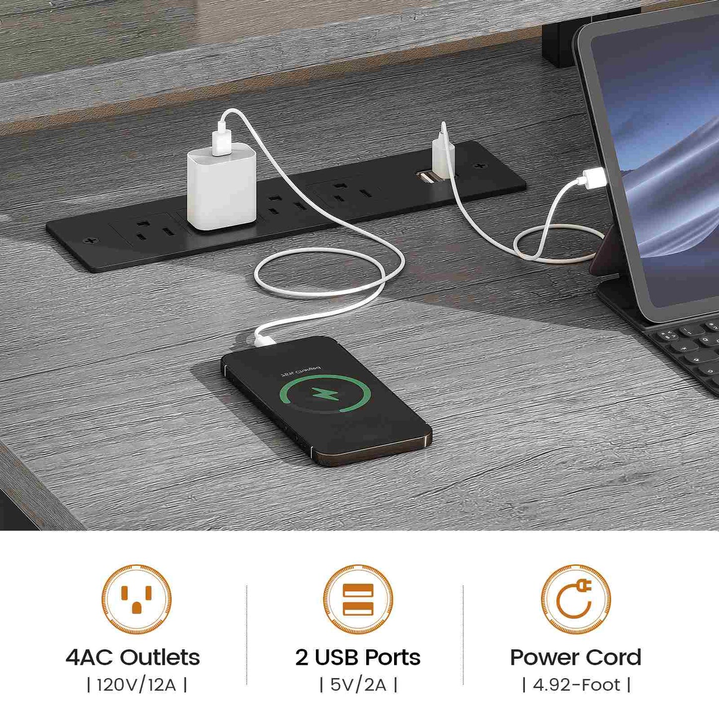 75 Inches Led Gaming Desk with Power Outlet and Monitor Shelf Grey