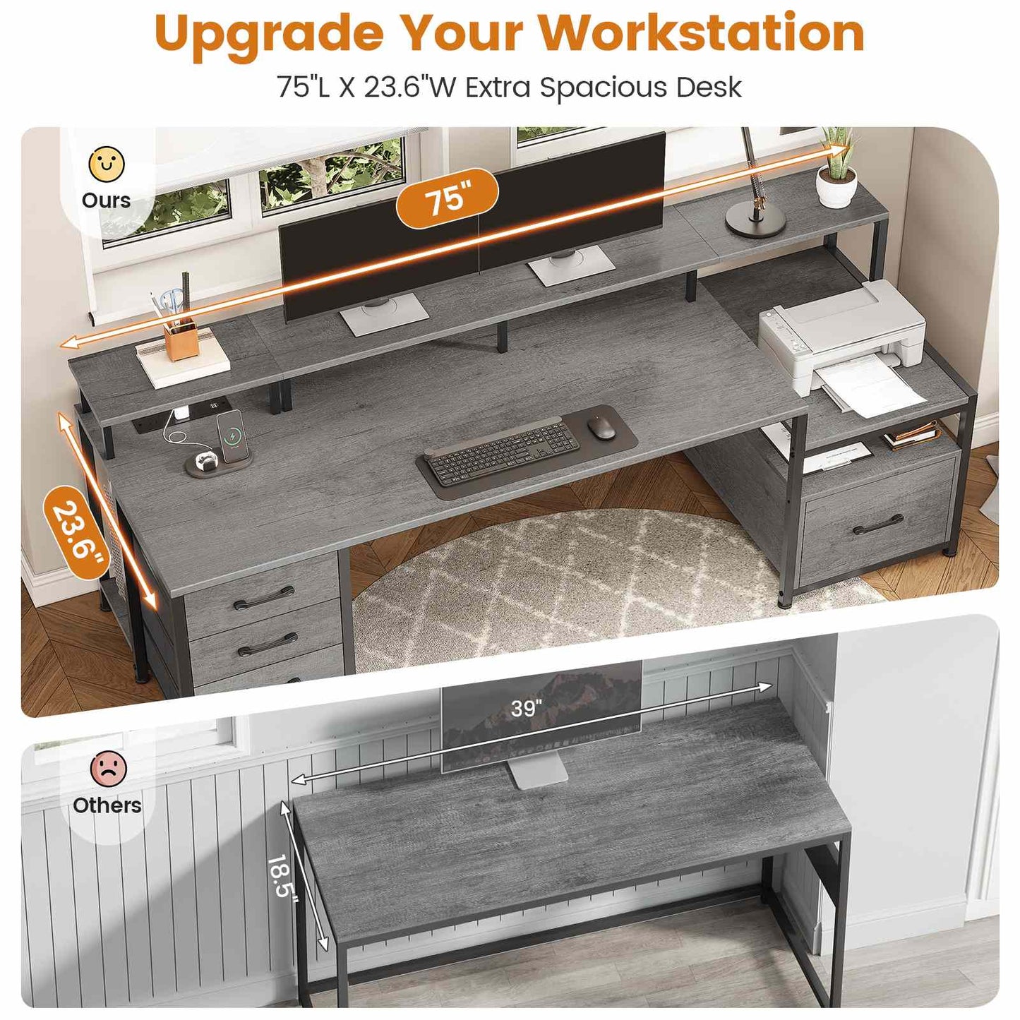 75 Inches Led Gaming Desk with Power Outlet and Monitor Shelf Grey