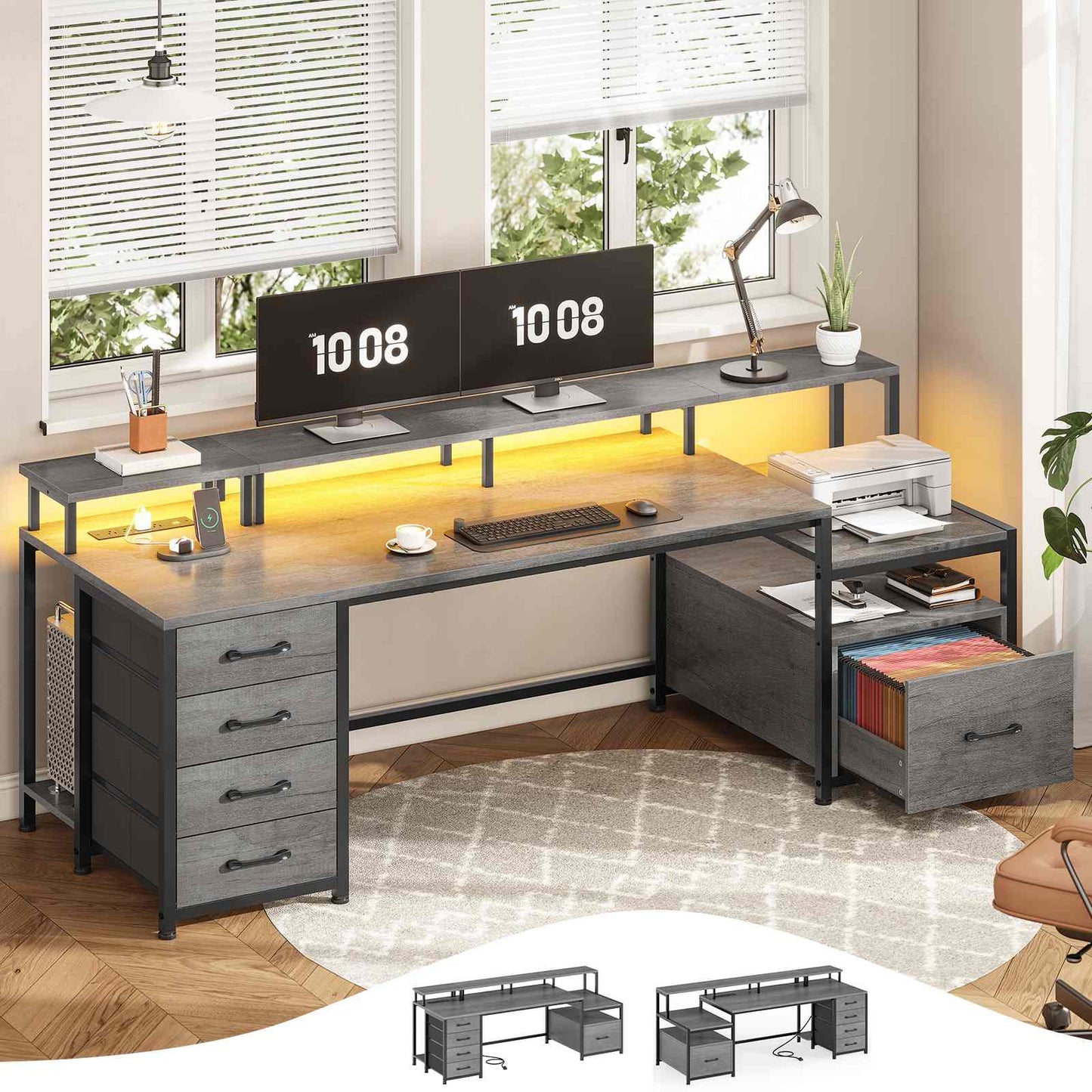 75 Inches Led Gaming Desk with Power Outlet and Monitor Shelf Grey