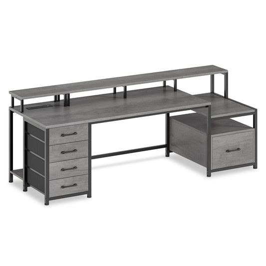 75 Inches Led Gaming Desk with Power Outlet and Monitor Shelf Grey