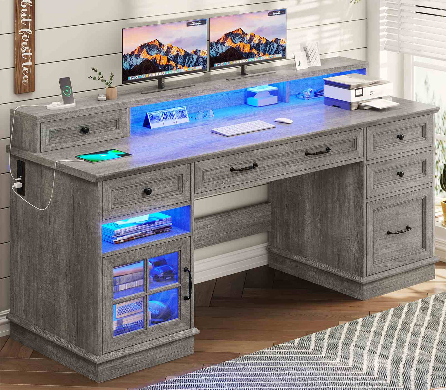 Executive LED Gaming Desk with Monitor Stand Grey