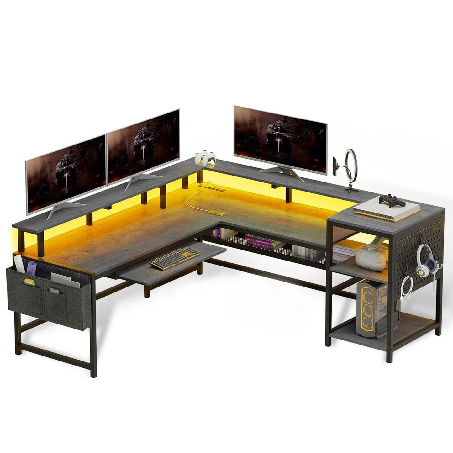 96 Inches L Shaped Reversible LED Gaming Desk Grey