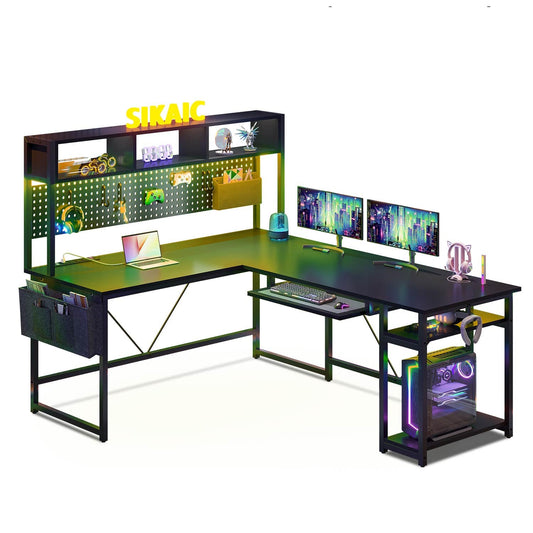L Shaped Reversible Gaming Desk With LED Lights Grey
