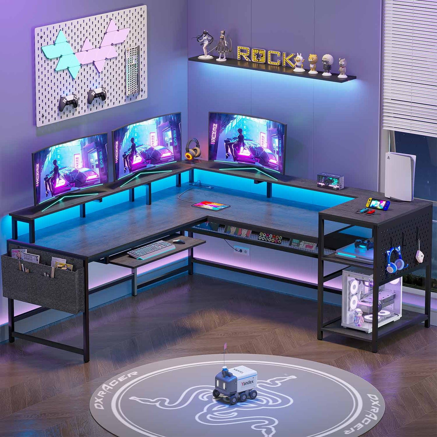 96 Inches L Shaped Reversible LED Gaming Desk Grey