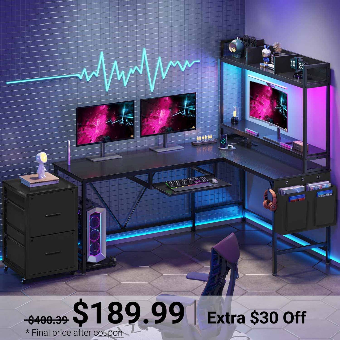 LED Reversible Gaming Desk Black