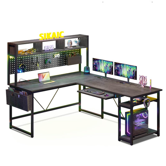 L Shaped Reversible Gaming Desk With LED Lights Walnut Brown