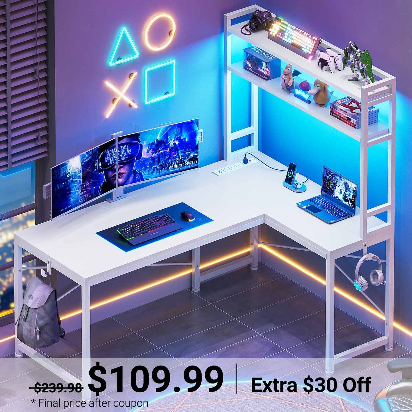 45.3 Inches LED Reversible Gaming Desk White