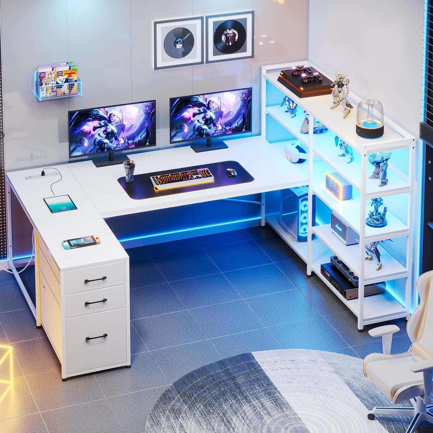 64.5 Inches Reversible U Shaped LED Gaming Desk White