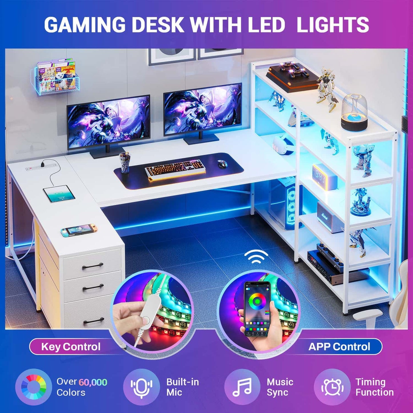 64.5 Inches Reversible U Shaped LED Gaming Desk White