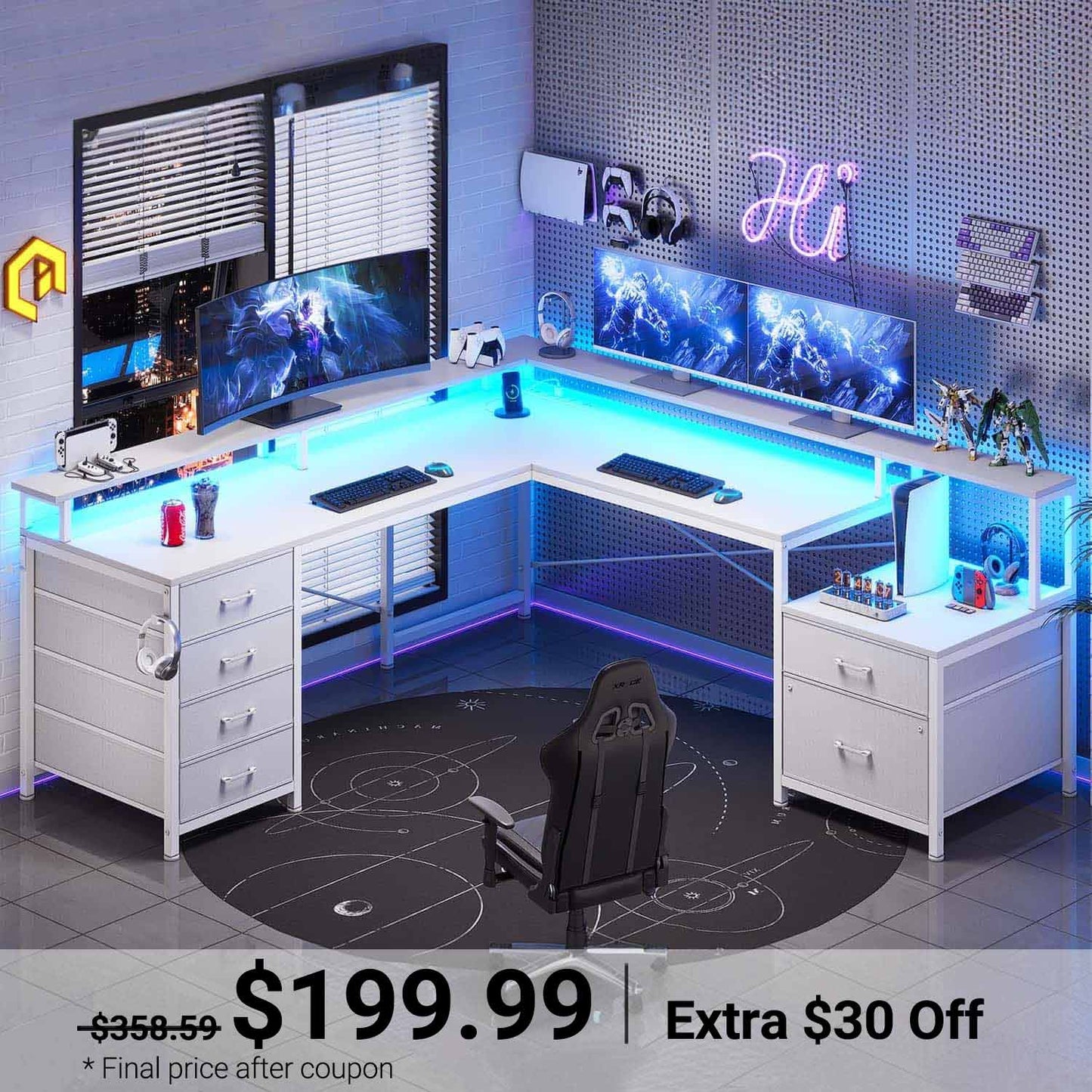 108 Inches  LED 2 Person Gaming Desk White