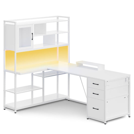 58 Inches L Shaped LED Gaming Desk White